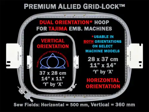 28x37cm Premium Allied Grid-Lock™ Embroidery Frame - Tajima 360 mm Arm Spacing